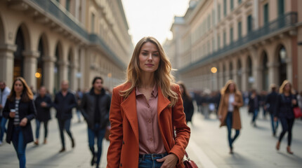 Fototapeta premium Fashionable Woman Walking in Milan: Street Style and Urban Fashion Trend in European City Street