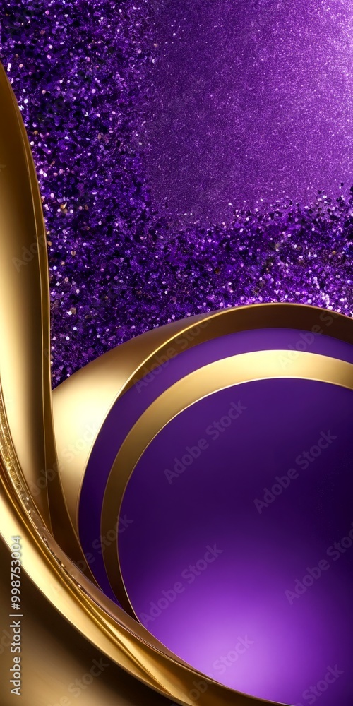 Poster a purple background with a gold-colored wave-like pattern on the left side, and a glittery purple ba