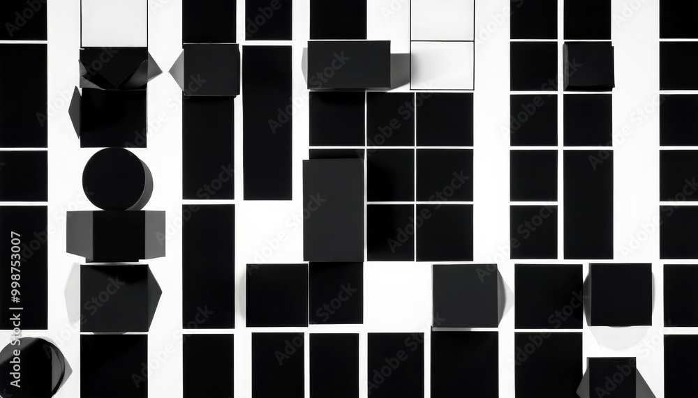 Poster a black and white abstract composition featuring a grid of black and white geometric shapes, includi