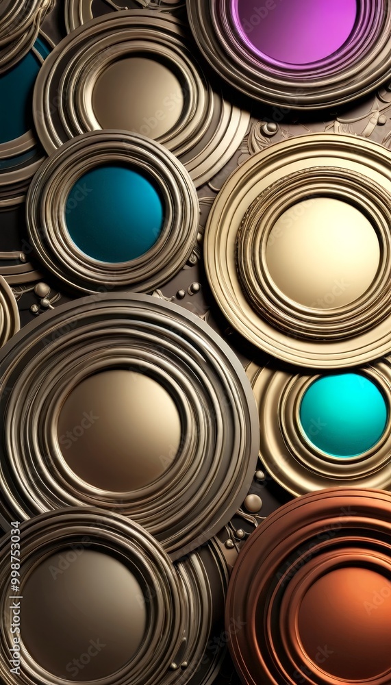 Poster a close-up view collection of circular objects, each with a unique color and design The objects are arranged in a grid-like pattern, creating a visually striking
