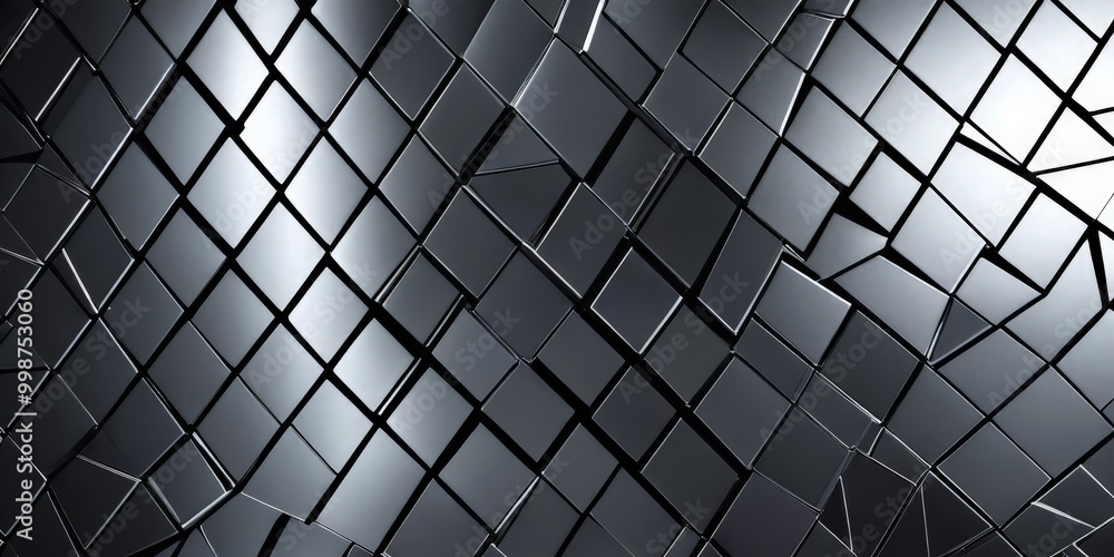 Poster a close-up view metallic surface composed of numerous small square tiles arranged in a diagonal pattern The tiles are black and silver, creating a visually