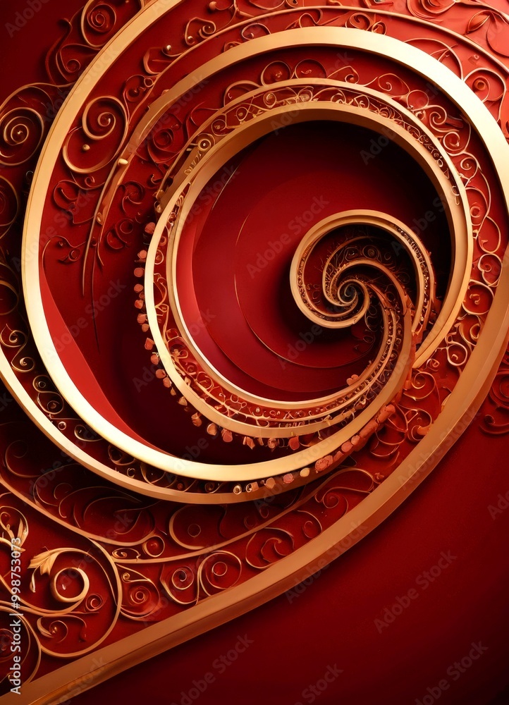 Poster a spiral pattern with a rich red background and gold accents, creating a visually striking and intricate design
