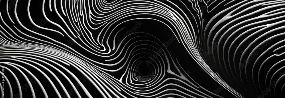 Poster a black and white photograph swirling pattern of lines, creating a sense of movement and depth
