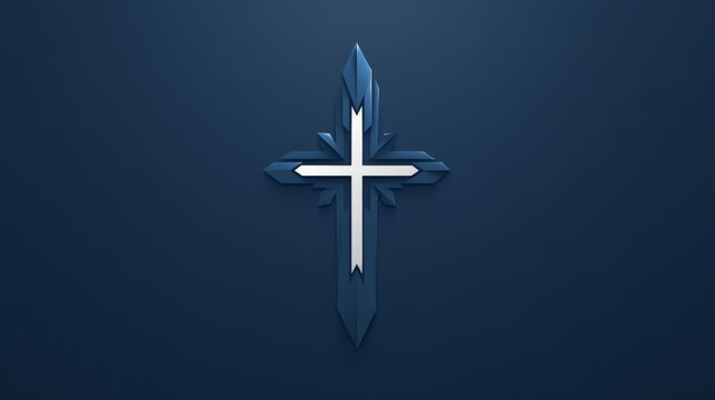 logo design featuring a cross symbol on a solid background, with a sleek color palette of blue, black, white, gray, and silver.