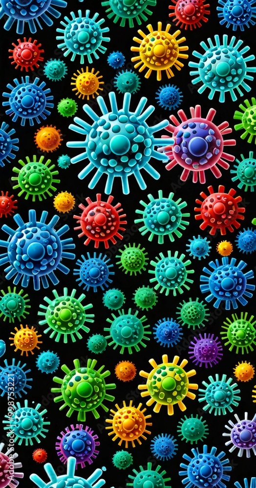 Fototapete a vibrant array of multicolored virus particles scattered across a black background, creating a visually striking and dynamic pattern