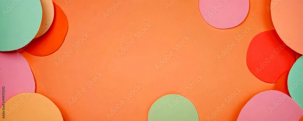 Poster a vibrant abstract composition of overlapping circles in various colors, including shades of orange, pink, green, and blue, against a solid orange background.