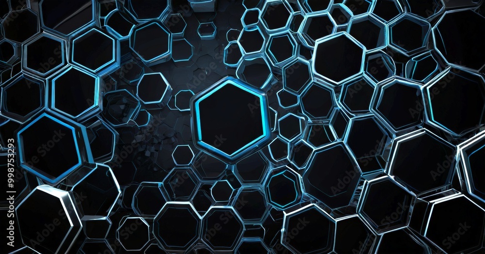 Aufkleber a captivating pattern of hexagonal shapes, predominantly in shades of blue and black, arranged in a seemingly random yet harmonious manner The central