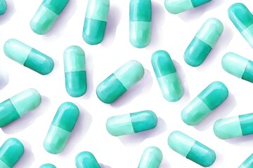 The seamless pattern of blue colored drugs or pills is a sign of a painkiller. 3D illustration. The print can be used on packaging or as a fabric texture.