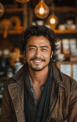 Fototapeta premium A man with a beard and a scarf is smiling. He is wearing a brown jacket. Scene is happy and friendly