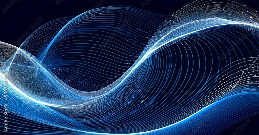 Poster a digital illustration wave-like pattern with a dark blue background and white lines The wave pattern is composed of multiple lines, each varying