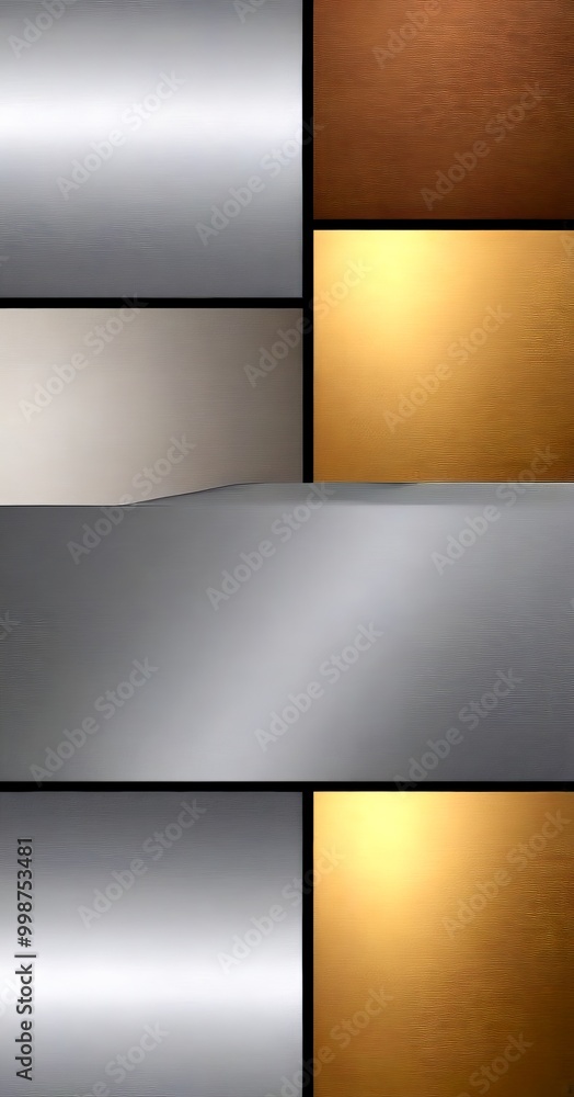 Poster a collage of six distinct panels, each with a unique color and texture, arranged in a grid-like pattern The top row features a gray panel, a brown panel, and a