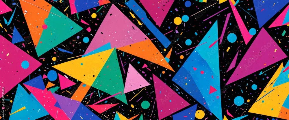 Aufkleber a vibrant abstract pattern composed of various geometric shapes and colors, including triangles, rectangles, and circles, against a black background