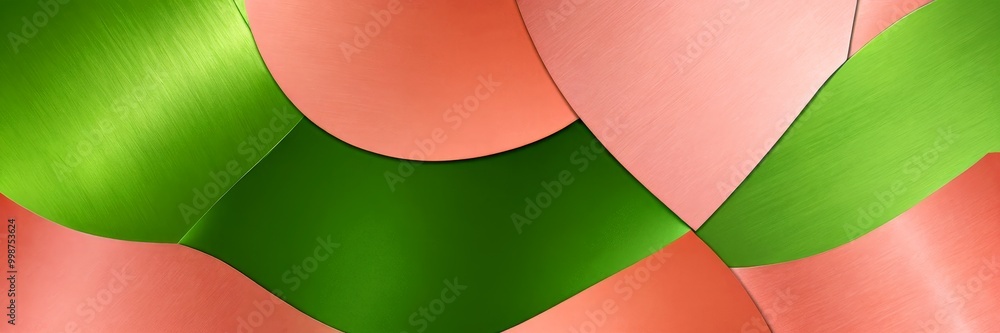 Poster a vibrant abstract composition of overlapping shapes in various shades of green, pink, and orange, creating a dynamic and visually striking pattern