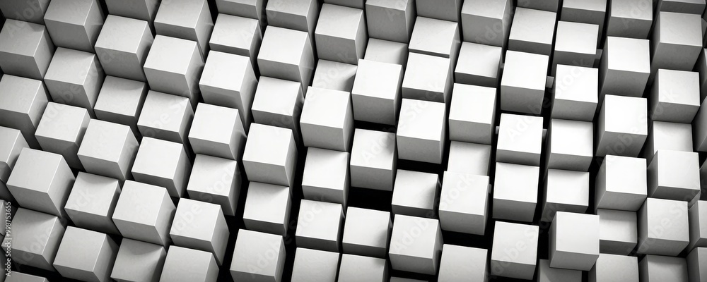 Poster a grid of white cubes, with some cubes slightly tilted, creating a sense of depth and perspective