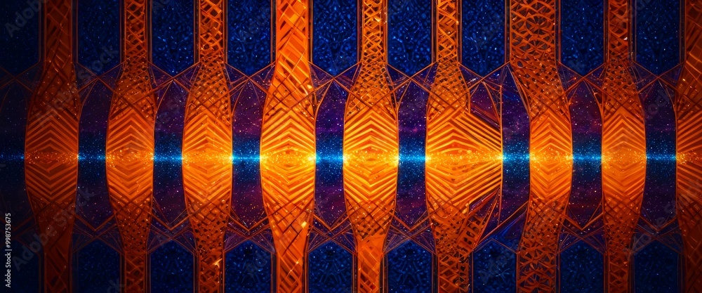 Poster a repeating pattern of geometric shapes in shades of orange and blue, with a radiant blue line running through the center, creating a sense of depth and dimension
