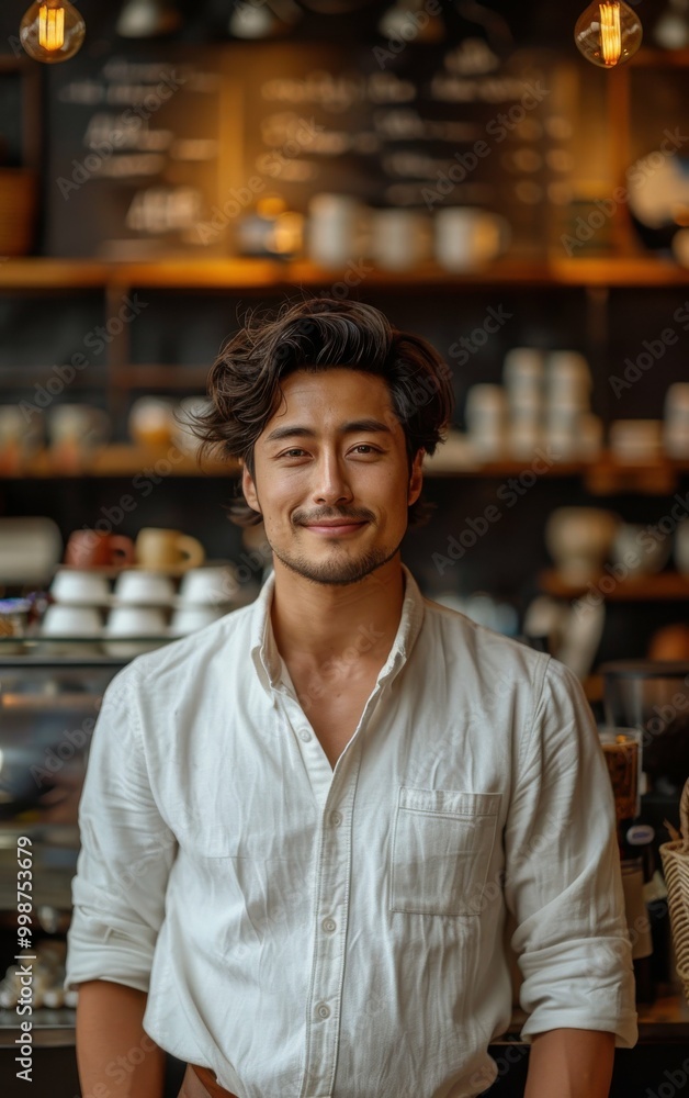 Poster a man in a white shirt stands in front of a counter with a menu behind him. he is smiling and he is 