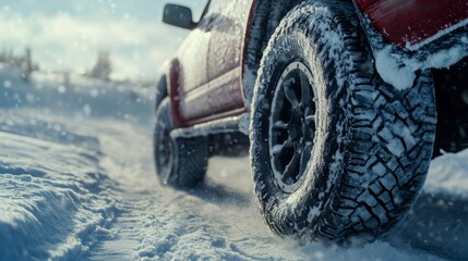 Obraz premium Close-up of a rugged vehicle tire driving through deep snow on a winter road