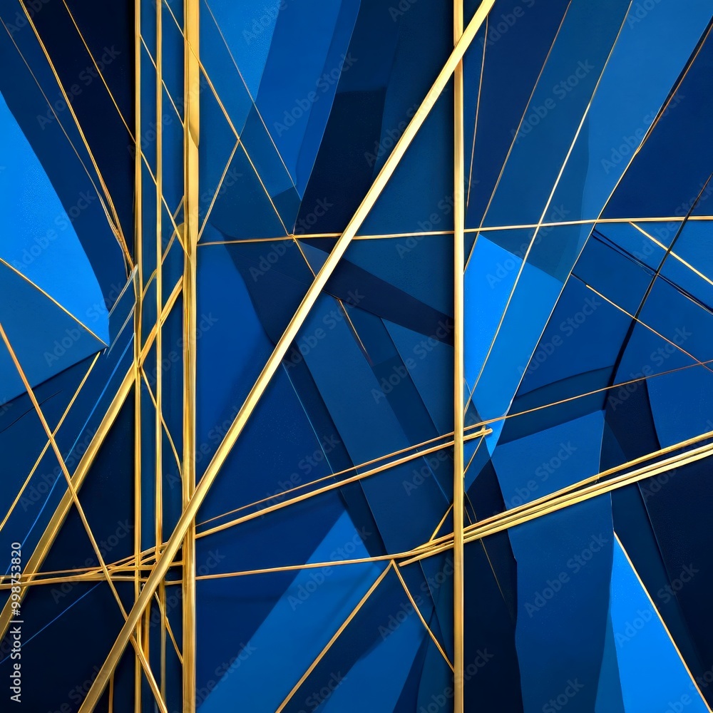 Fototapete a complex geometric pattern composed of intersecting lines and intersecting rectangles, with a predominant blue and gold color scheme