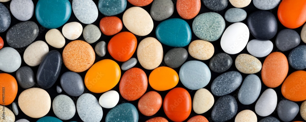 Aufkleber A vibrant assortment of pebbles in various colors and sizes, arranged in a visually appealing pattern against a black background