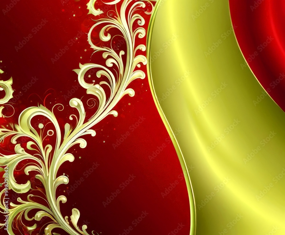 Aufkleber a striking red and gold abstract design with a central floral pattern and a curved, flowing yellow s
