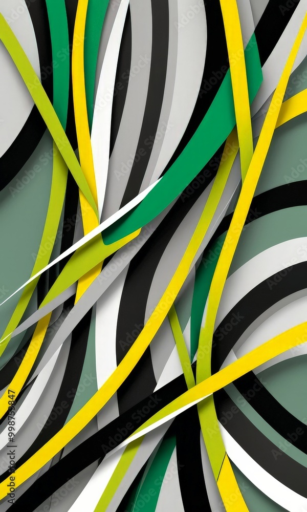 Poster a complex abstract composition of intersecting lines and curves in various shades of green, yellow, and black, creating a dynamic and visually striking pattern