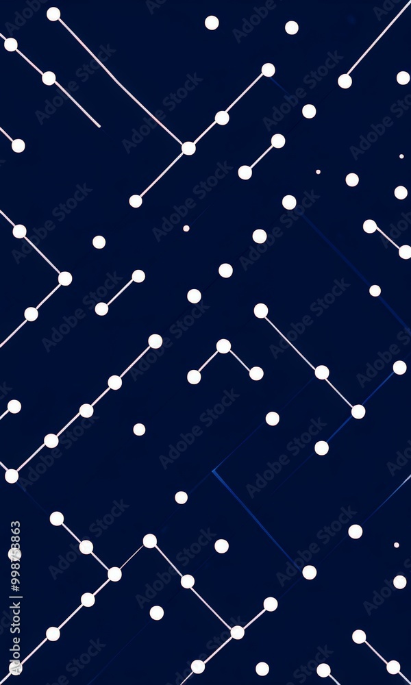 Poster a dark blue background with white lines and dots arranged in a diagonal pattern, creating a sense of depth and movement