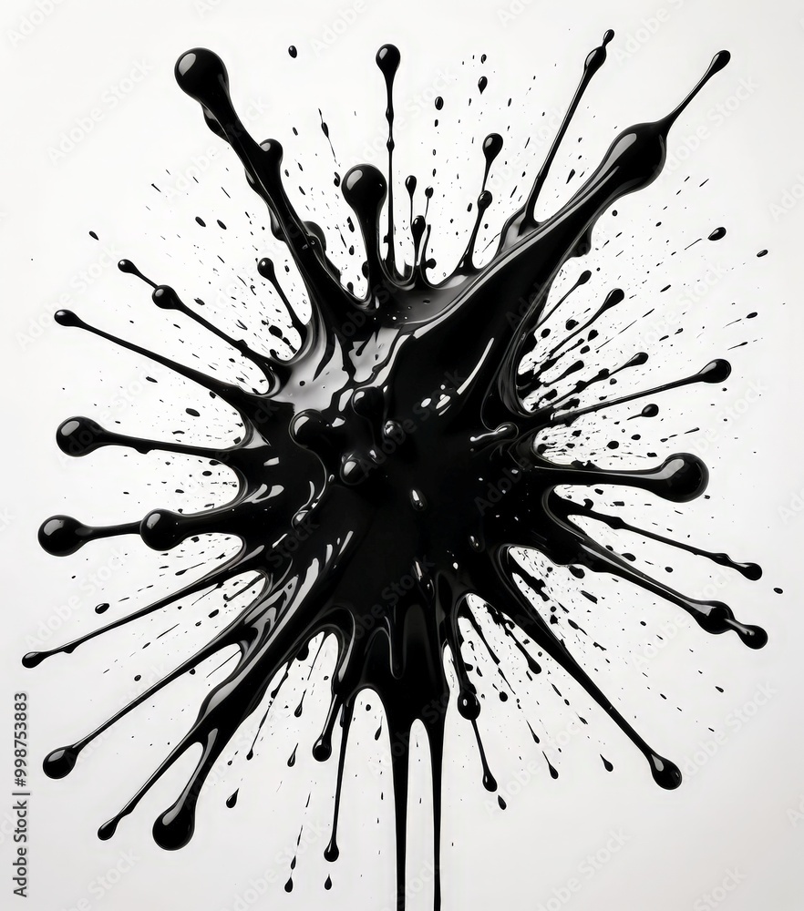 Poster a striking black and white depicting a large, abstract splash of paint or ink with numerous droplets