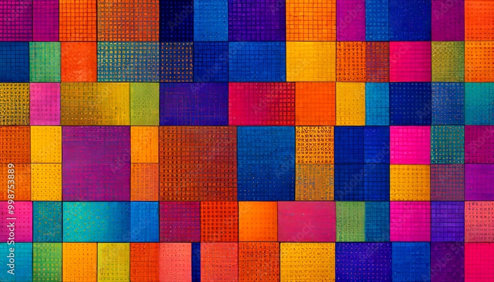Poster a vibrant collage composed of numerous small square tiles in a variety of bright colors, arranged in