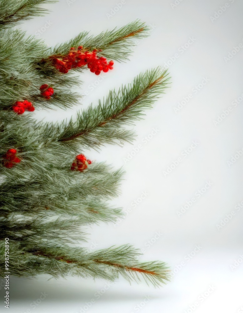 Poster a close-up view christmas tree branch with red berries and green needles against a white background