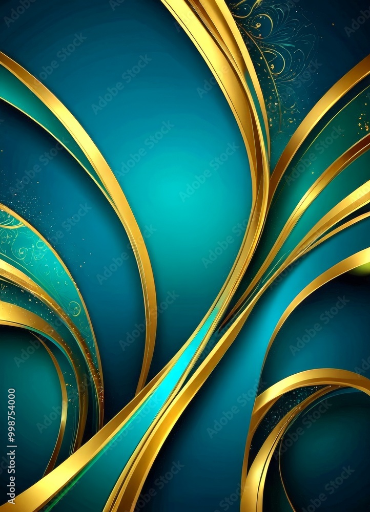 Poster a striking abstract composition of curved lines in shades of blue and gold, creating a sense of movement and depth The lines overlap and intersect, forming a complex pattern
