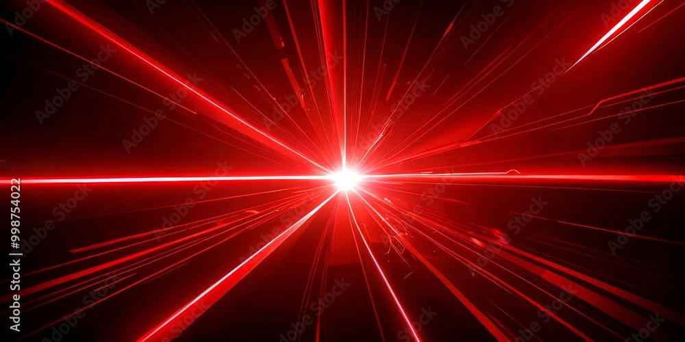 Poster a red laser beam radiating outwards from a central point, creating a striking visual effect against a dark background