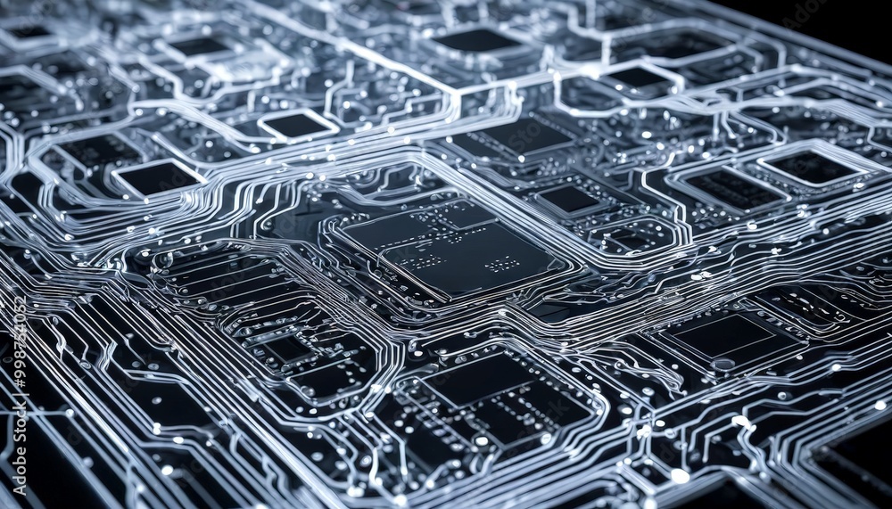 Poster A close-up view complex circuit board, showcasing intricate patterns of silver and black electronic components