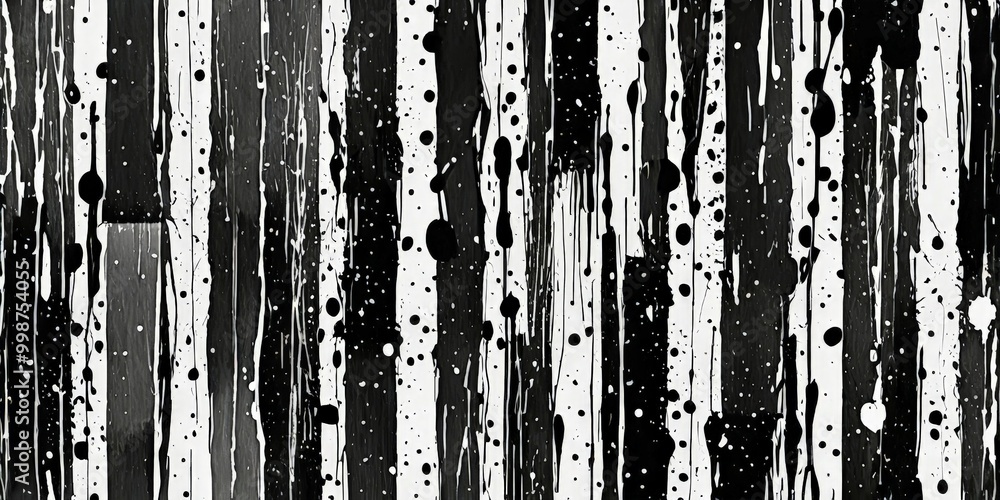 Poster a black and white abstract pattern composed of vertical lines and splatters of paint, creating a dynamic and textured visual effect