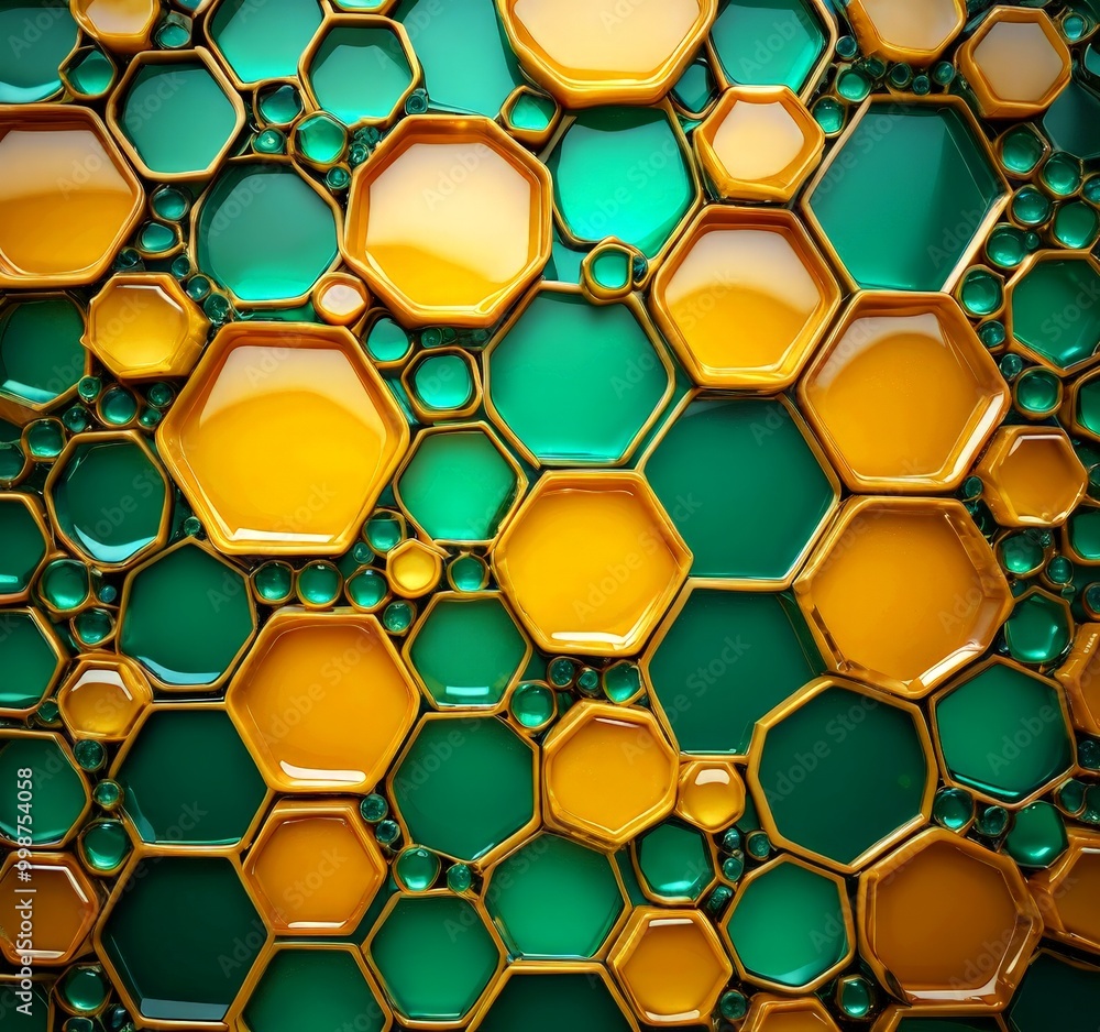Poster a repeating pattern of hexagonal shapes in various shades of green and gold, creating a visually striking and textured composition