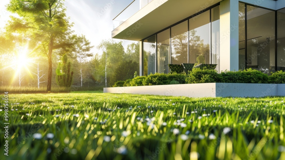 Poster a house with a large lawn and a tree in the background