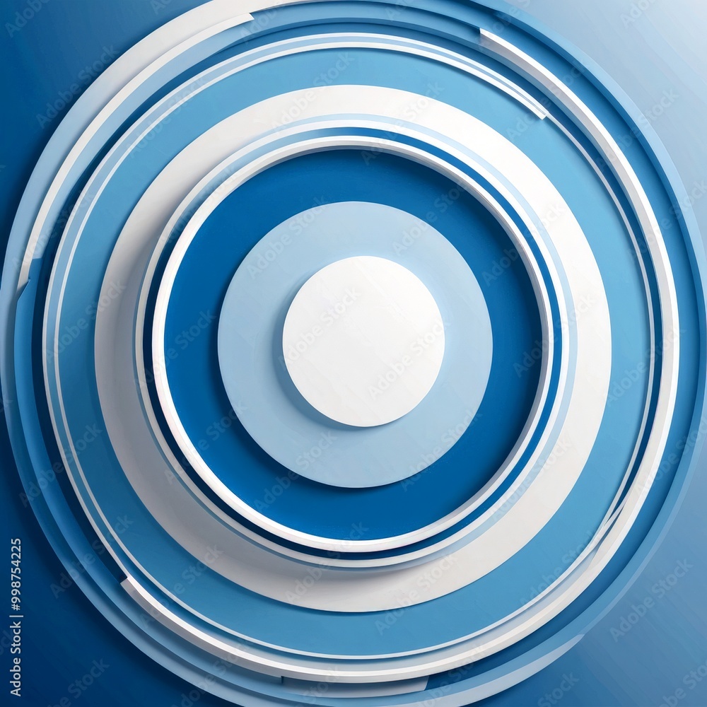 Poster a circular arrangement of concentric circles in varying shades of blue and white, creating a visually striking and abstract design