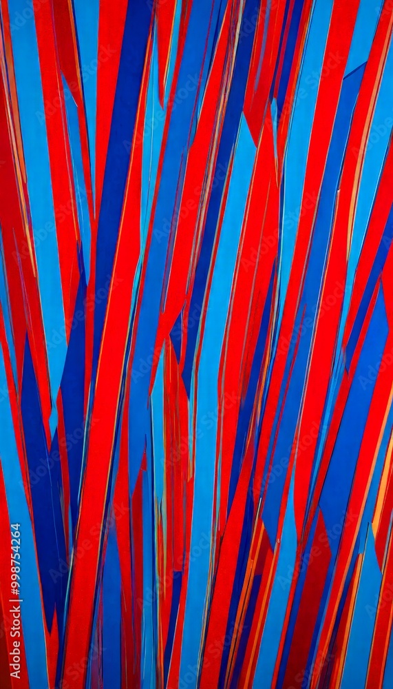 Aufkleber an abstract composition featuring vertical lines in various shades of red and blue, creating a dynamic and visually striking pattern