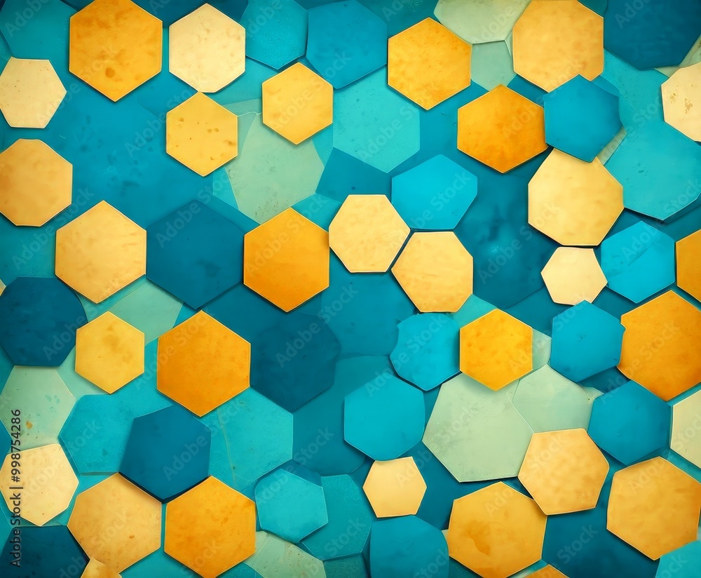 Poster a vibrant pattern of overlapping hexagonal shapes in various shades of blue and yellow, creating a visually striking and textured composition