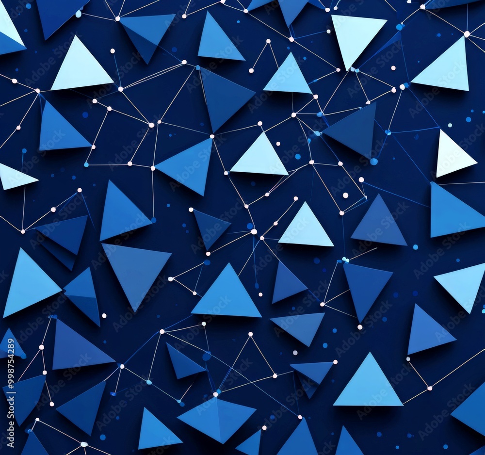 Poster a dark blue background with numerous white triangles scattered throughout, connected by lines, creating a visually striking and abstract pattern