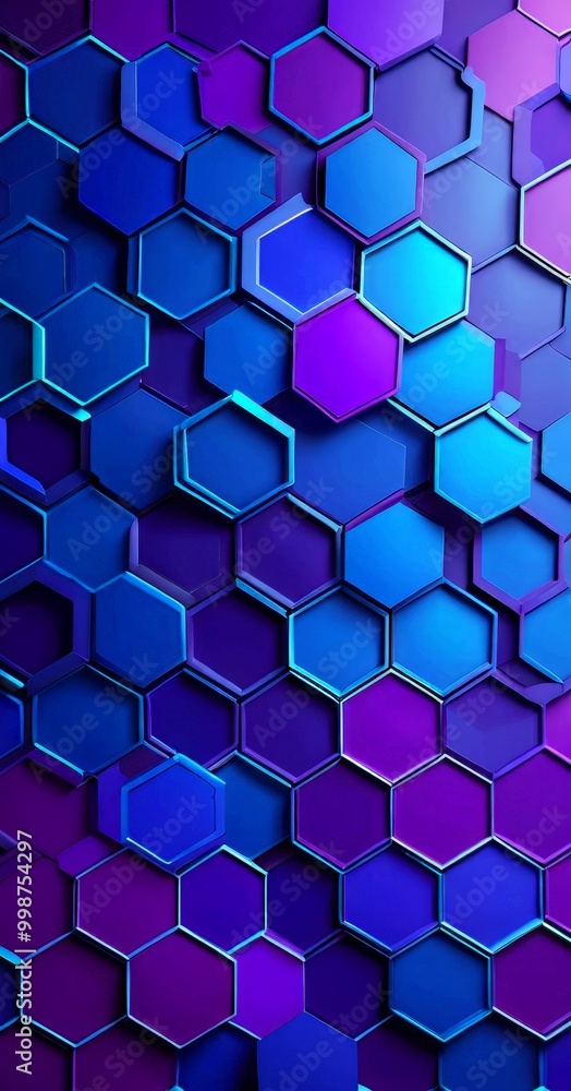 Fototapete a repeating pattern of hexagonal shapes in various shades of blue and purple, creating a visually striking and geometric design
