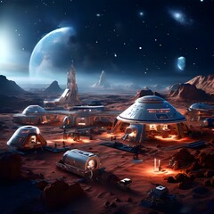Mars colony with space habitats, robots, and astronauts under a starry sky