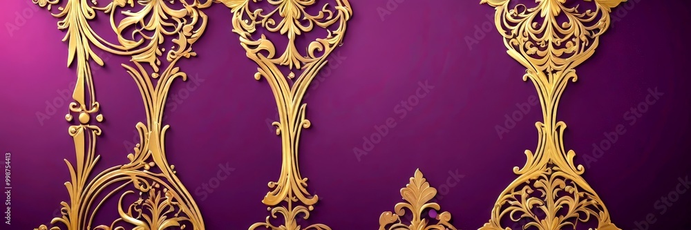 Poster three ornate golden designs on a purple background the designs are arranged in a vertical line, with