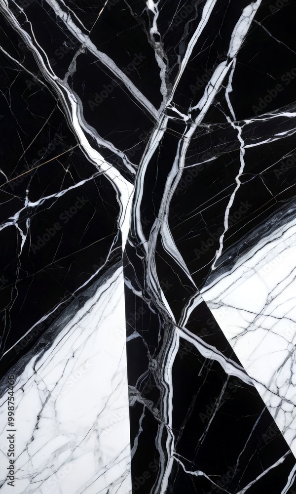 Poster a close-up view marble surface with a striking black and white marble pattern The marble exhibits a complex interplay of lines and curves, creating a sense of depth