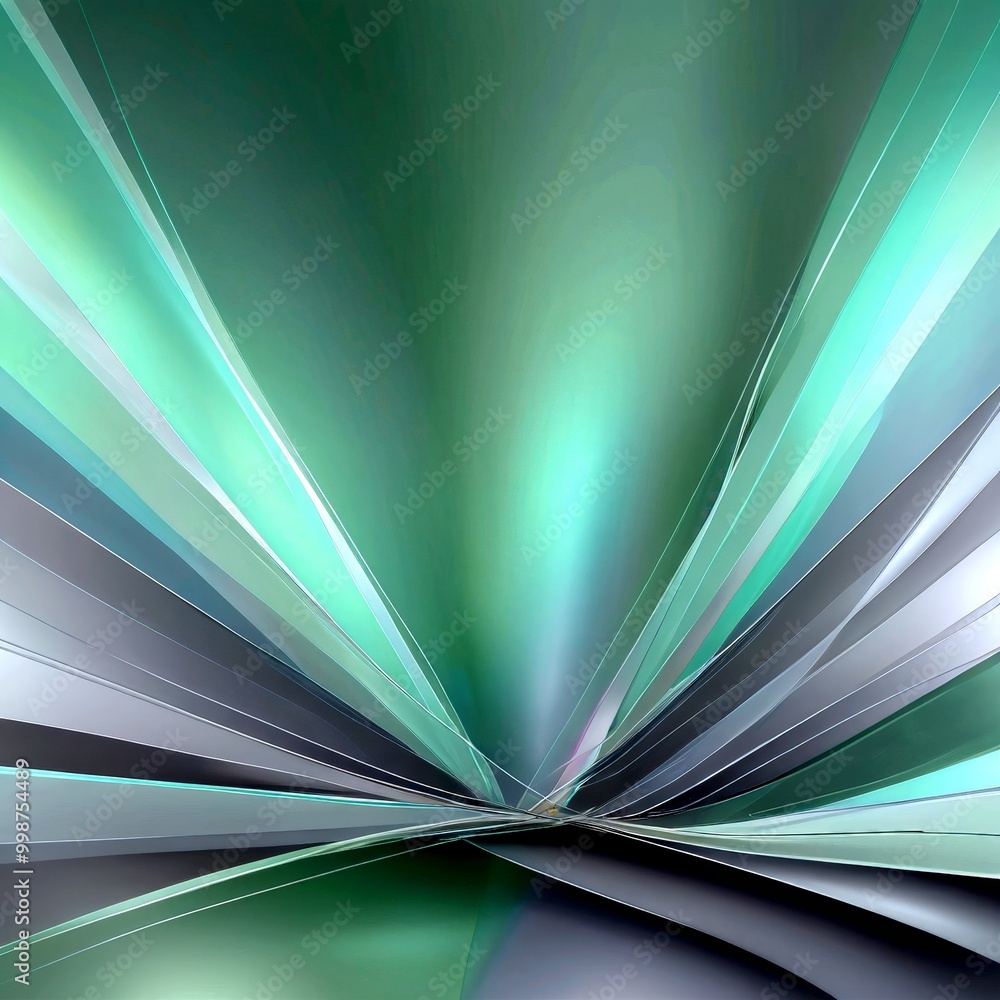Fototapete a vibrant abstract composition of intersecting lines and curves in shades of green and gray, creating a dynamic and visually striking effect