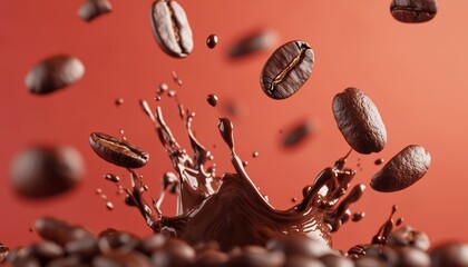Chocolate splash in mid-air, coffee beans suspended above, creating an energetic blend of bold coffee and smooth chocolate