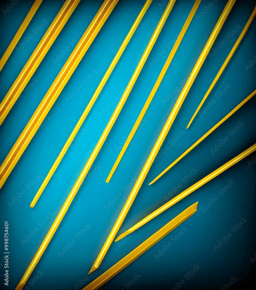 Poster a collection of intersecting golden lines against a dark blue background, creating a dynamic and visually striking composition