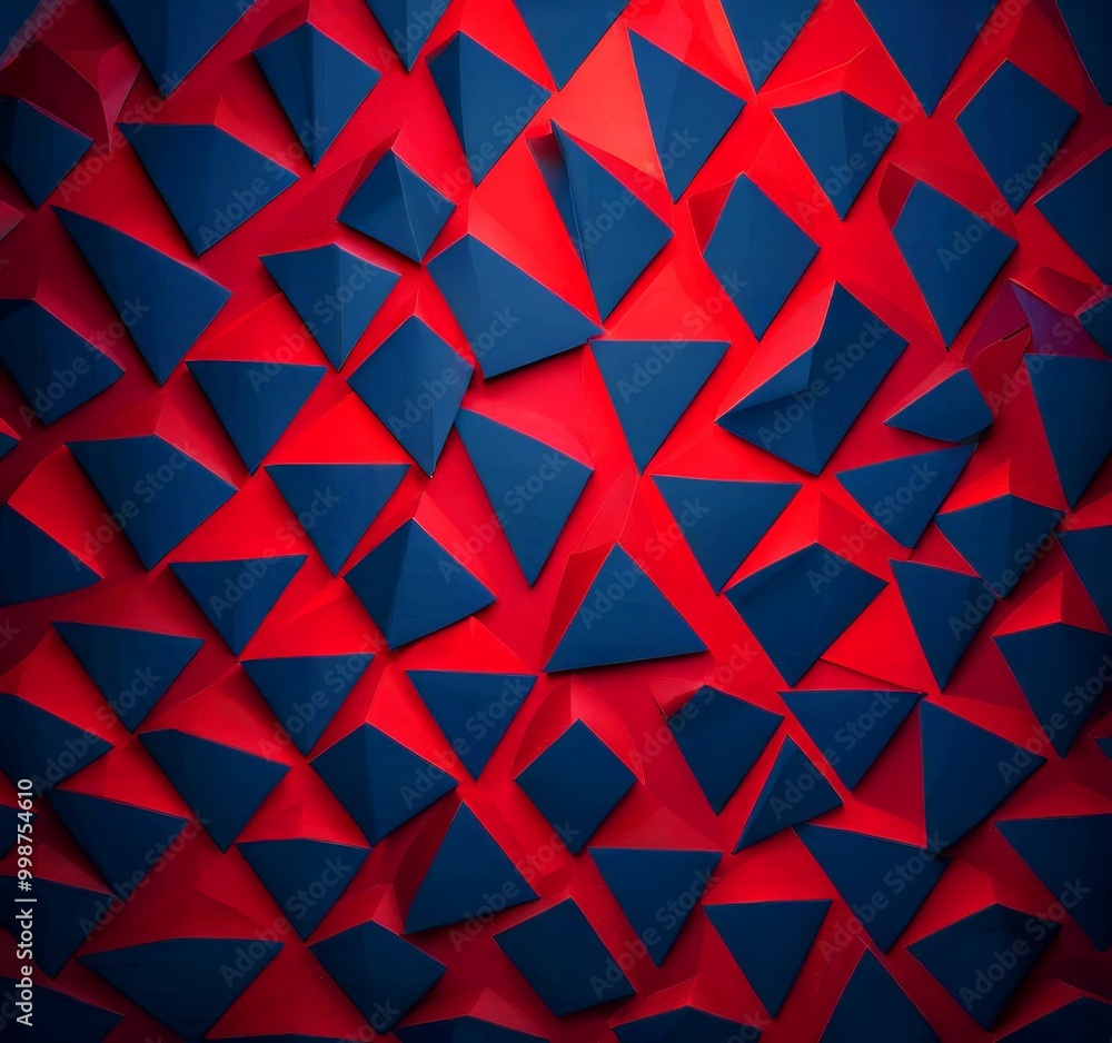 Poster a repeating pattern of red and blue triangles arranged in a grid-like fashion, creating a visually striking and geometric design