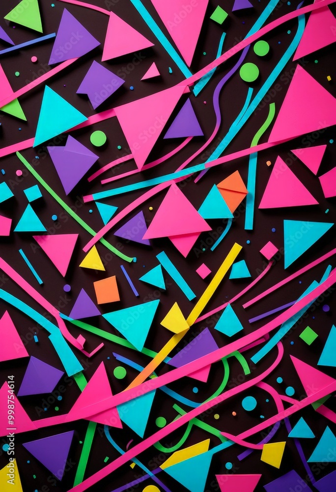 Poster a vibrant abstract composition of overlapping geometric shapes in a variety of bright colors, includ