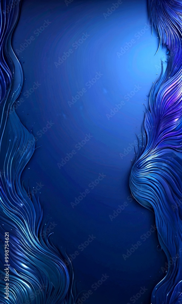 Poster a dark blue background with a repeating pattern of curved lines and swirls, creating a sense of movement and fluidity The left side of adorned with a vertical