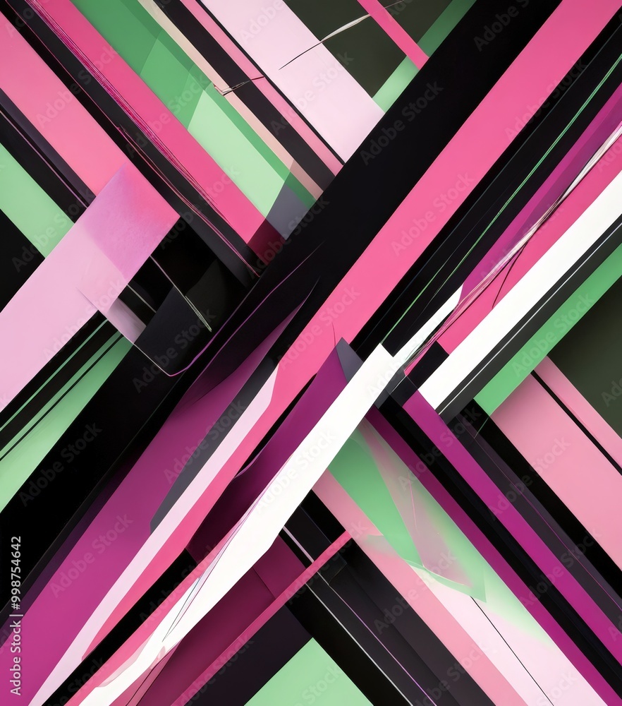 Poster a digital art piece featuring a complex arrangement of intersecting diagonal lines in various shades of pink, green, and black, creating a visually striking